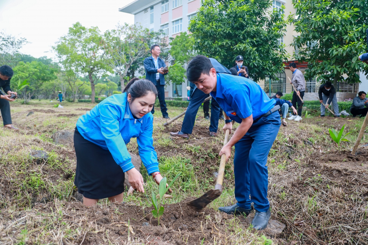 Các đoàn viên thuộc Huyện đoàn Bình Sơn và Đoàn Thành niên xã Bình Trị (huyện Bình Sơn, Quảng Ngãi) tham gia trồng cây.