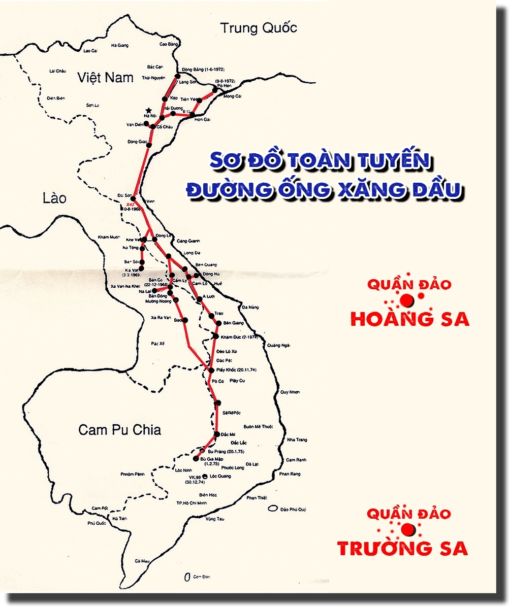 Sơ đồ toàn tuyến đường ống xăng dầu từ miền Bắc vào Đông Nam Bộ. Tuyến ống này góp phần quan trọng trong việc cung cấp xăng dầu phục vụ cho Chiến dịch Hồ Chí Minh lịch sử.