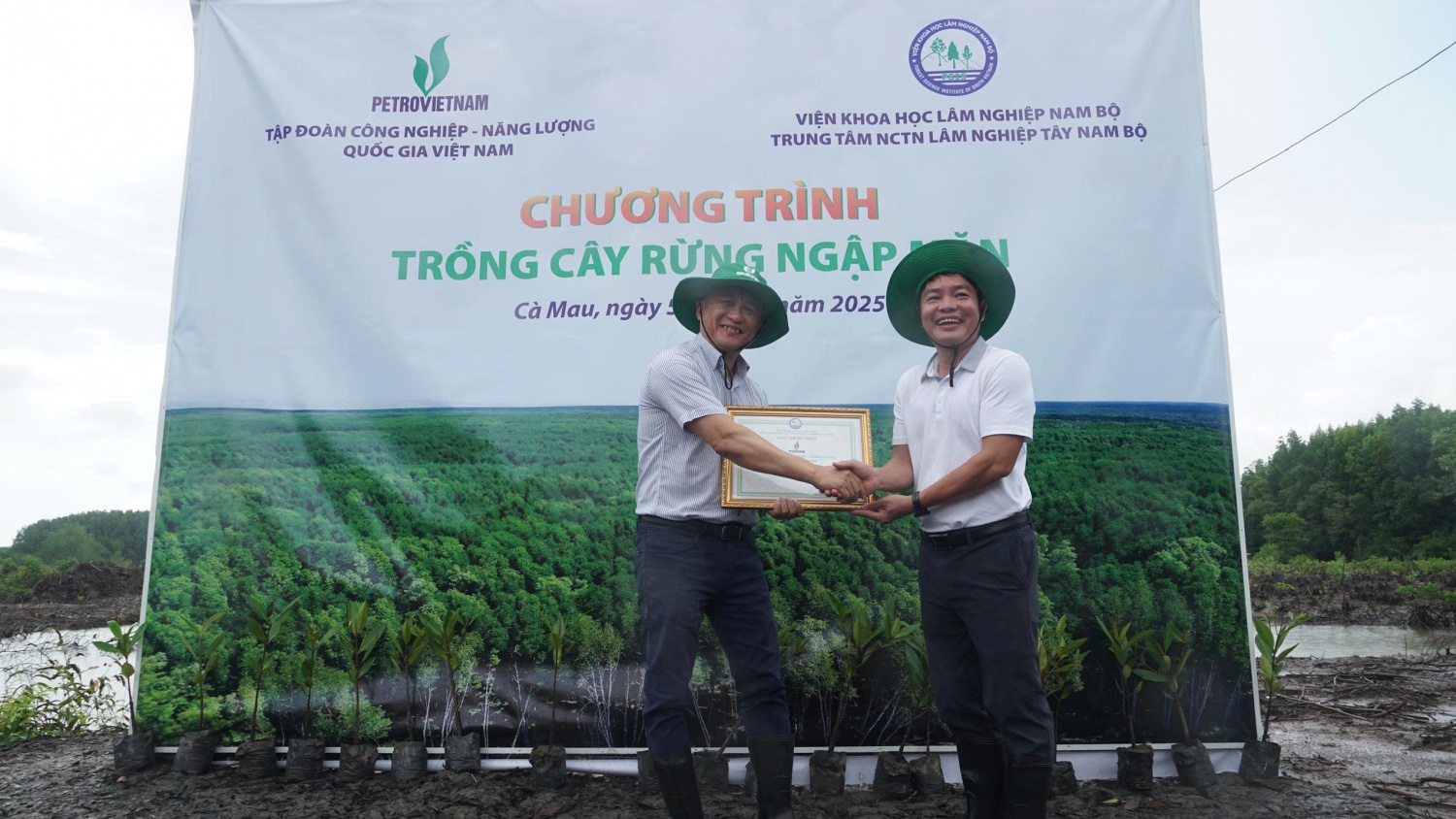 Ông Phùng Văn Khen – Phó Viện trưởng Viện Khoa học Lâm nghiệp Nam Bộ trao giấy chứng nhận trồng rừng cho Petrovietnam.