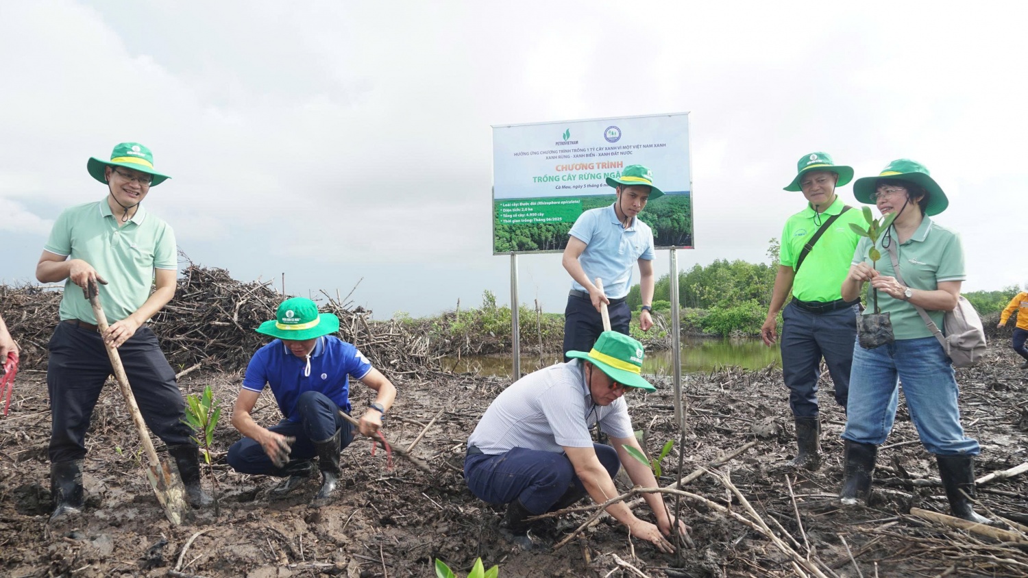 Các đại biểu, cán bộ và đoàn viên cùng tham gia trồng cây.