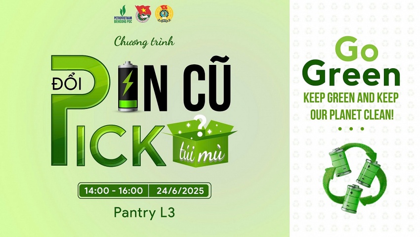 Poster của chương trình “Đổi pin cũ, pick túi mù” với thông điệp “Go Green - Keep Green and Keep Our Planet Clean!”, lan tỏa tinh thần sống xanh đến toàn thể cán bộ nhân viên BIENDONG POC.