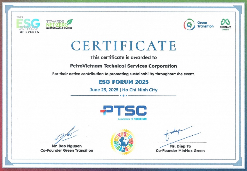 Chứng nhận ghi nhận đóng góp tích cực của PTSC vào công tác thúc đẩy phát triển bền vững trong khuôn khổ sự kiện ESG Forum 2025.