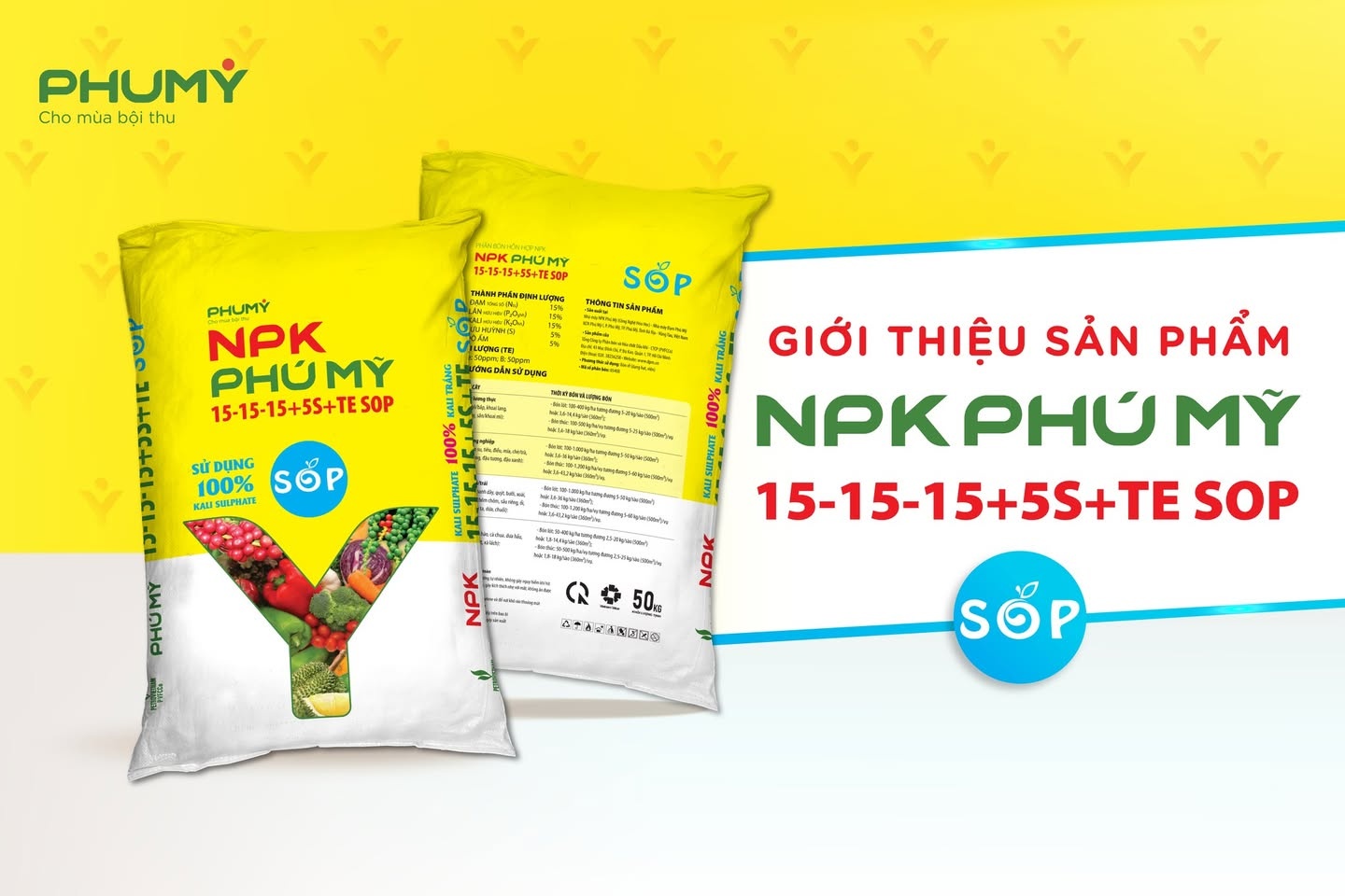 NPK Phú Mỹ 15-15-15+5S+TE SOP sử dụng hoàn toàn Kali Sulphate cao cấp (Kali trắng - SOP), không chứa clo.