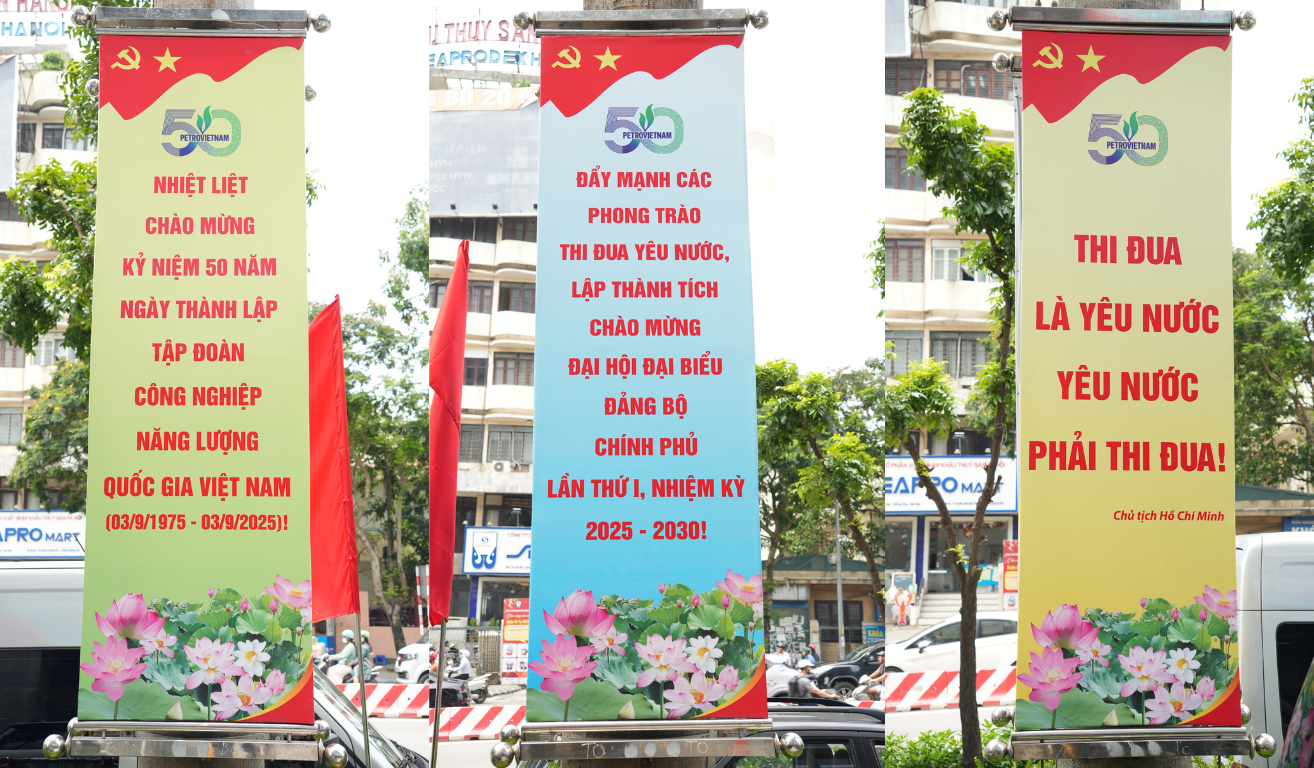 Banner, khẩu hiệu thể hiện quyết tâm đổi mới, thi đua lập thành tích của người lao động Petrovietnam chào mừng Đại hội Đảng bộ Petrovietnam trước thềm nhiệm kỳ mới