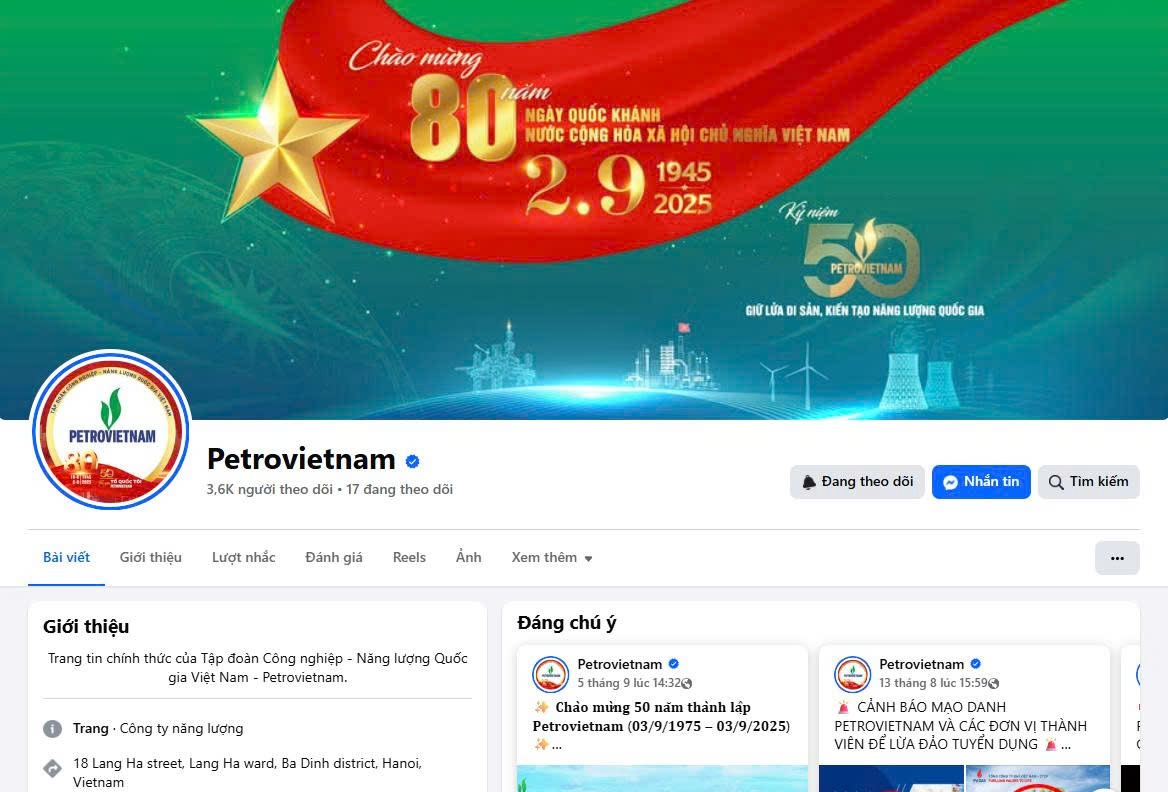 Fanpage Petrovietnam đạt tick xanh xác minh chính chủ, trở thành địa chỉ tin cậy để cán bộ, người lao động, đối tác và công chúng theo dõi, cập nhật thông tin.