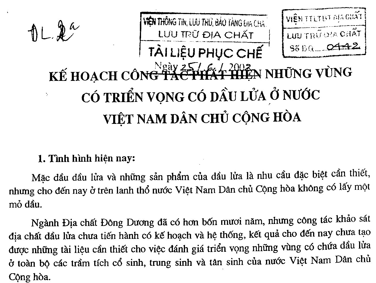 Trang đầu Bản kế hoạch công tác nghiên cứu triển vọng dầu khí (Griaznov - 1958)