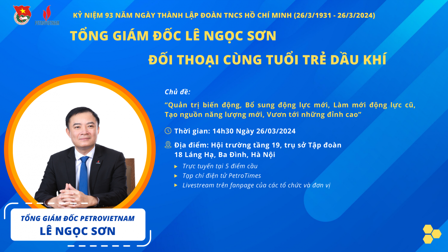 Tổng Giám đốc Petrovietnam Lê Ngọc Sơn đối thoại với đoàn viên, thanh niên Dầu khí về làm mới động lực cũ, bổ sung động lực mới Tổng Giám đốc Petrovietnam Lê Ngọc Sơn đối thoại với đoàn viên, thanh niên Dầu khí về làm mới động lực cũ, bổ sung động lực mới